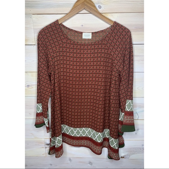 Boho Wide Sleeve Blouse Red and Green Design - Picture 5 of 8